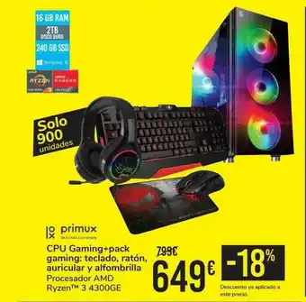 Carrefour Primux Cpu Gaming+pack Gaming: Teclado Ratón Auricular Y Alfombrilla oferta