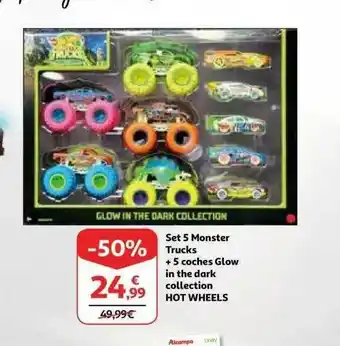 Alcampo Set 5 Monter Trucks + 5 Coches Glow In The Dark Collection Hot Wheels oferta