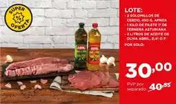 Alimerka ABRIL 2 solomillos de cerdo, 450 g. aprox - 1 kilo de filete 1ª de ternera asturiana - 2 litros de aceite de oliva  0,4° o 1 oferta