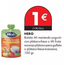 Supermercados Lupa HERO Bolsita Mi merienda yogurín con plátano-fresa o Mi fruta naranja-plátano-pera-galleta o plátano-fresa-manzana, oferta