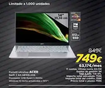 El Corte Inglés Portátil Ultrafino Acer Swift 3 Nx. Ab1eb.006 oferta