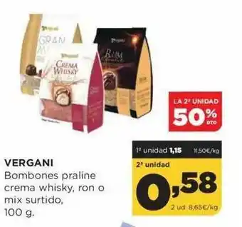 Alimerka La 2a Unidad 50% Dto. Vergani Bombones Praline Crema Whisky Ron O Mix Surtido oferta