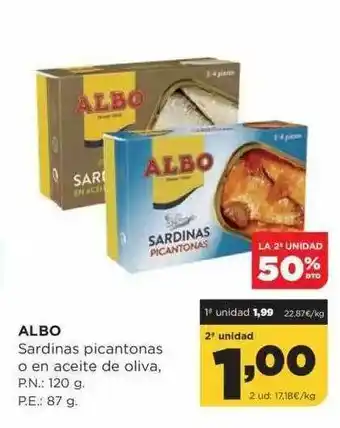 Alimerka La 2a Unidad 50% Dto. Albo Sardinas Picantonas O En Aceite De Oliva oferta