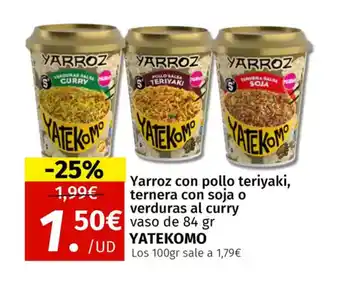 Maskom Supermercados YATEKOMO Yarroz con pollo teriyaki, ternera con soja o verduras al curry oferta