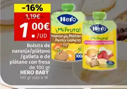 Maskom Supermercados HERO BABY Bolsita de naranja/plátano /galleta o de plátano con fresa oferta