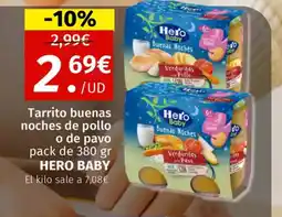 Maskom Supermercados HERO BABY Tarrito buenas noches de pollo o de pavo oferta