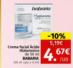 Maskom Supermercados BABARIA Crema facial Ácido Hialuronico oferta