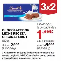 El Corte Inglés LINDT Chocolate con leche receta original oferta