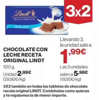 El Corte Inglés LINDT Chocolate con leche receta original oferta