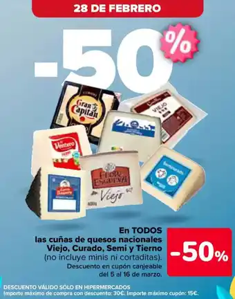 Carrefour En todos las cuñas de quesos nacionales viejo, curado, semi y tierno oferta