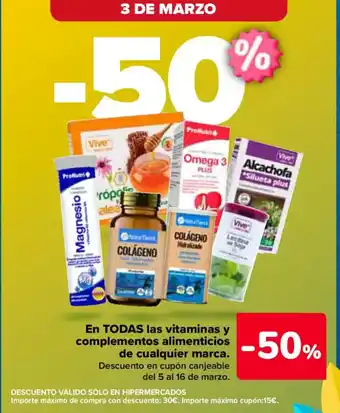 Carrefour En TODAS las vitaminas y complementos alimenticios de cualquier marca oferta