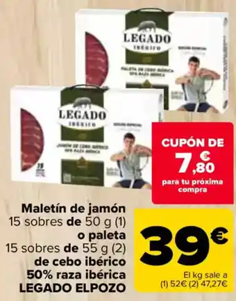 Carrefour LEGADO ELPOZO Maletín de jamón 15 sobres de o paleta 15 sobres de de cebo ibérico 50% raza ibérica oferta