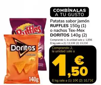 Supeco Patatas sabor jamón RUFFLES o nachos Tex-Mex DORITOS oferta