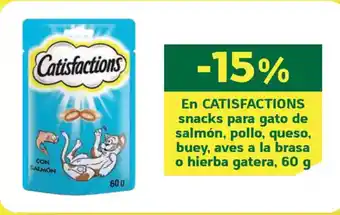 HiperDino CATISFACTIONS En snacks para gato de salmón, pollo, queso, buey, aves a la brasa o hierba gatera oferta