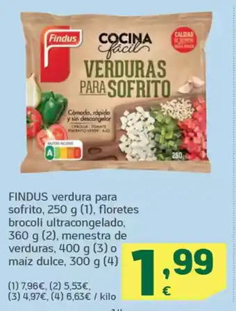 HiperDino FINDUS verdura para sofrito floretes brocoli ultracongelado menestra de verduras o maíz dulce, oferta