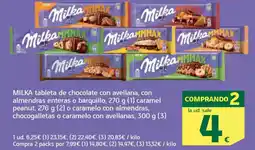 HiperDino MILKA tableta de chocolate con avellana, con almendras enteras o barquillo caramel peanut o caramelo oferta