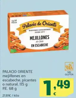 HiperDino PALACIO ORIENTE mejillones en escabeche, picantes o natural oferta