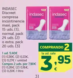 HiperDino INDASEC Discreet compresa incontinencia maxi normal, pack u o extra, pack oferta