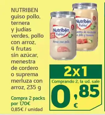 HiperDino NUTRIBEN guiso pollo, ternera y judías verdes, pollo Politar con arroz, 4 frutas sin azúcar oferta