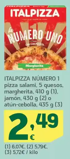 HiperDino ITALPIZZA NÚMERO 1 pizza salami, 5 quesos, margherita jamón o atún-cebolla oferta