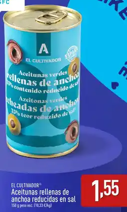 ALDI EL CULTIVADORⓇ Aceitunas rellenas de anchoa reducidas en sal oferta