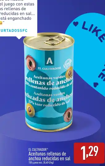 ALDI EL CULTIVADOR® Aceitunas rellenas de anchoa reducidas en sal oferta