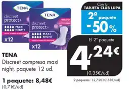 Supermercados Lupa TENA Discreet compresa maxi night, paquete 12 ud. oferta