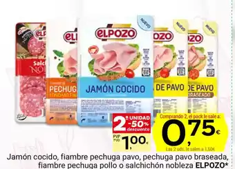 Supermercados Dani ELPOZO Jamón cocido, fiambre pechuga pavo, pechuga pavo braseada, fiambre pechuga pollo o salchichón nobleza oferta