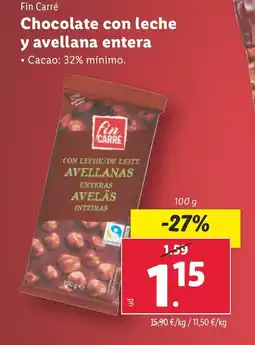 Lidl FIN CARRE Chocolate con leche y avellana entera oferta