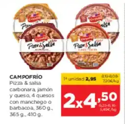 Alimerka CAMPOFRÍO Pizza & salsa carbonara, jamón y queso, 4 quesos con manchego o barbacoa oferta