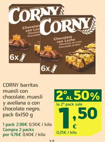 HiperDino CORNY barritas muesli con chocolate, muesli y avellana o con chocolate negro oferta