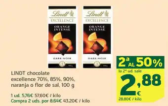 HiperDino LINDT chocolate excellence 70%, 85%, 90%, naranja o flor de sal oferta