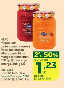 HiperDino HERO mermelada de temporada cereza, fresa, melotocón, albaricoque, higos, mango o arándanos, o naranja amarga oferta