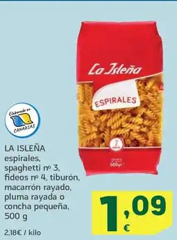 HiperDino LA ISLEÑA espirales, spaghetti nº 3, fideos nº 4, tiburón, macarrón rayado, pluma rayada o concha pequeña, oferta