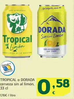 HiperDino TROPICAL O DORADA cerveza sin al limón oferta