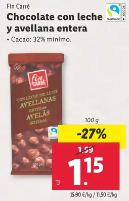 Lidl FIN CARRE Chocolate con leche y avellana entera oferta