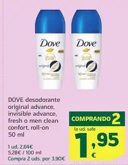 HiperDino DOVE desodorante original advance, invisible advance, fresh o men clean confort, roll-on oferta