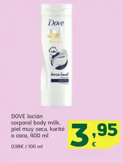 HiperDino DOVE loción corporal body milk, piel muy seca, karité o coco oferta