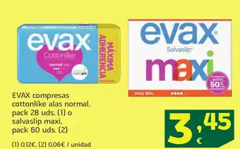 HiperDino EVAX compresas cottonlike alas normal, pack 28 uds. o salvaslip maxi, oferta