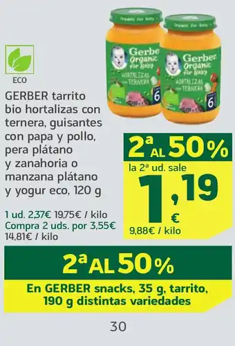 HiperDino GERBER tarrito bio hortalizas con ternera, guisantes con papa y pollo, pera plátano y zanahoria o manzana plátano y yogur eco oferta