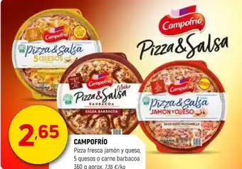 Coviran CAMPOFRÍO Pizza fresca jamón y queso, 5 quesos o carne barbacoa oferta