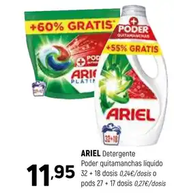 Coviran ARIEL Detergente Poder quitamanchas líquido 32+18 dos o pods 27 +17 dosis oferta