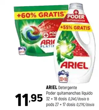 Coviran ARIEL Detergente Poder quitamanchas líquido 32+18 dos o pods 27 +17 dosis oferta