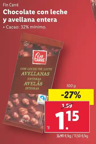 Lidl FIN CARRE Chocolate con leche y avellana entera oferta