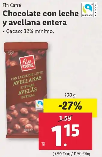 Lidl FIN CARRE Chocolate con leche y avellana entera oferta