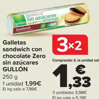 Carrefour GULLÓN Galletas sandwich con chocolate Zero sin azúcares oferta