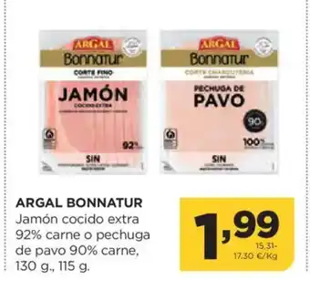 Alimerka ARGAL BONNATUR Jamón cocido extra 92% carne o pechuga de pavo 90% carne oferta