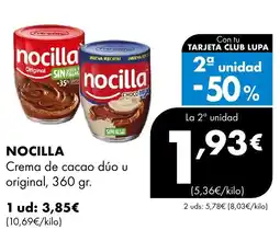 Supermercados Lupa NOCILLA Crema de cacao dúo u original oferta