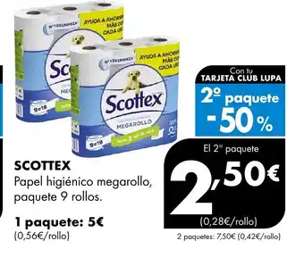 Supermercados Lupa SCOTTEX Papel higiénico megarollo, paquete 9 Papel higiénico megarollo, paquete 9 rollos. oferta