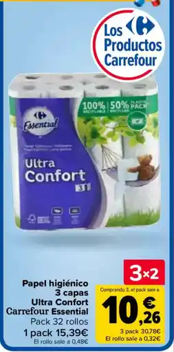 Carrefour Papel higiénico 3 capas Ultra Confort Carrefour Essential oferta